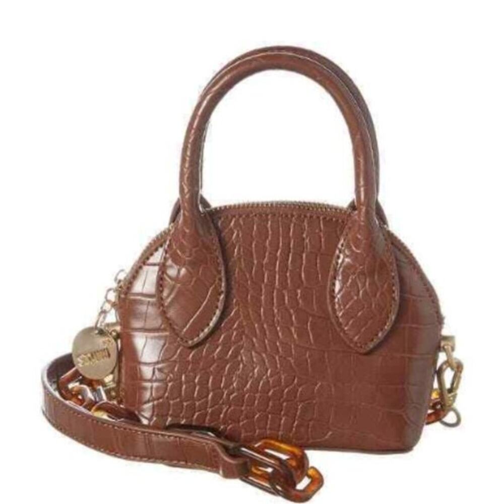 Studio 33 Cognac Brown Leather Crocodile Skin Mini Dome Bag w/ Link Strap, NWT